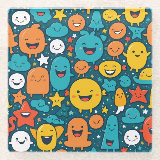Schattigee Cartoon Smiley Personages – Fun Glass O Glazen Onderzetter (Voorkant)