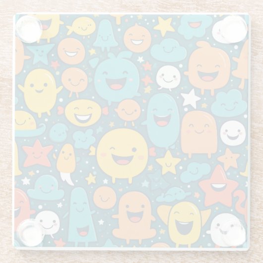 Schattigee Cartoon Smiley Personages – Fun Glass O Glazen Onderzetter (Achterkant)