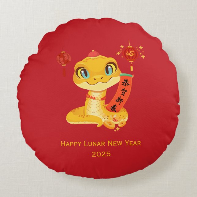 Schattigee Cartoon Snake Blessing Good Luck & Rich Rond Kussen (Voorkant)