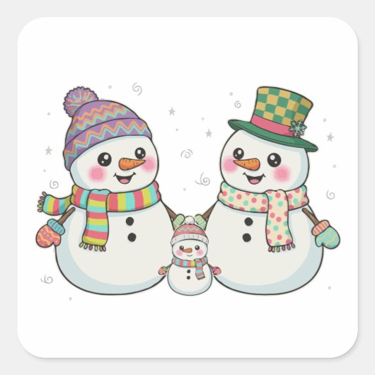 Schattigee Cartoon Snowman Familie Wintervakantie Vierkante Sticker (Voorkant)