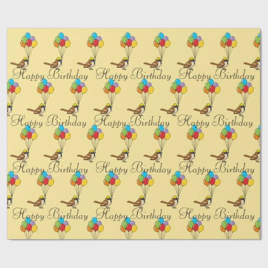 Schattigee Cartoon Sparrow met ballonnen Verjaarda Cadeaupapier (Vlak)