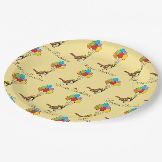 Schattigee Cartoon Sparrow met ballonnen Verjaarda Papieren Bordje (Gekanteld)