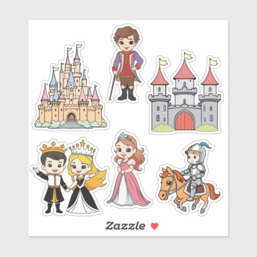 Schattigee Cartoon Sprookjesprinses en Ridder Stic Sticker (Vel)