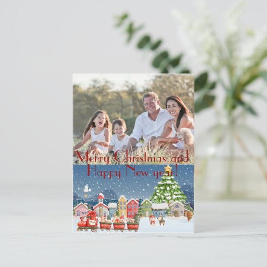 Schattigee cartoon stad kerstfoto Vakantie Briefka Feestdagenkaart (Staand voorkant)