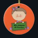 Schattigee Cartoon Student met schoolbord #1 Docen Keramisch Ornament<br><div class="desc">Schattige Cartoon Student Holding Chalkboard #1 Teacher Vervang tekst door uw eigen tekst of gebruik "Customize It" om lettertype achtergrondkleur en meer te veranderen... </div>