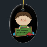 Schattigee Cartoon Student met schoolbord #1 Docen Keramisch Ornament<br><div class="desc">Schattigee Cartoon Student Holding Chalkboard # 1 Teacher Vervang met uw eigen tekst of "Pas het aan" om lettertype of achtergrondkleur te wijzigen en meer... </div>