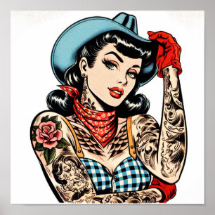 Schattigee Cartoon Tattoo Cowgirl Poster