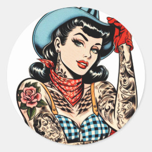 Schattigee Cartoon Tattoo Cowgirl Ronde Sticker
