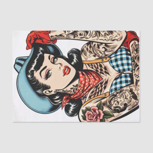 Schattigee Cartoon Tattoo Cowgirl Tissuepapier (Voorkant)