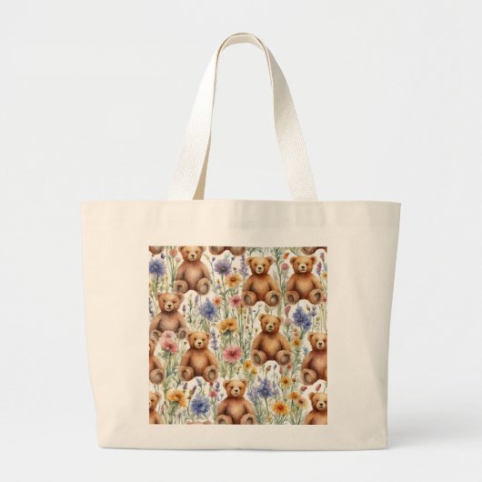 Schattigee Cartoon Teddies met Waterverf Bloemen Grote Tote Bag (Voorkant)