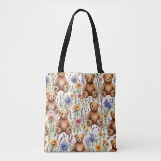Schattigee Cartoon Teddies met Waterverf Bloemen Tote Bag (Voorkant)