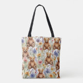 Schattigee Cartoon Teddies met Waterverf Bloemen Tote Bag (Achterkant)