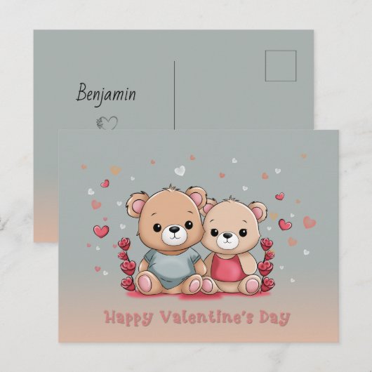 Schattigee Cartoon Teddy Lovers Hart Valentijn's D Briefkaart (Voorkant / Achterkant)