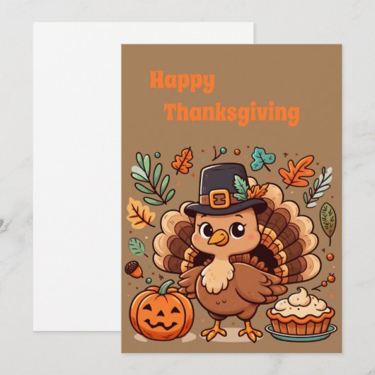 Schattigee Cartoon Thanksgiving kalkoen en pompoen Feestdagenkaart (Voorkant / Achterkant)