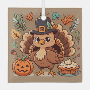 Schattigee Cartoon Thanksgiving kalkoen en pompoen Glas Ornament