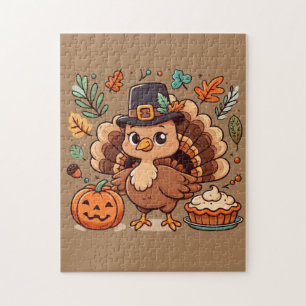 Schattigee Cartoon Thanksgiving kalkoen en pompoen Legpuzzel