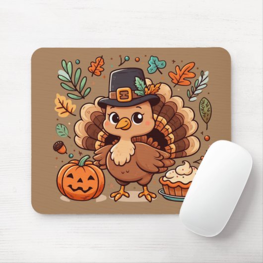 Schattigee Cartoon Thanksgiving kalkoen en pompoen Muismat (Met muis)