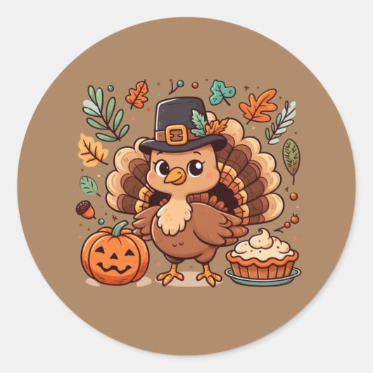 Schattigee Cartoon Thanksgiving kalkoen en pompoen Ronde Sticker (Voorkant)