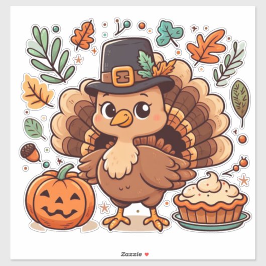 Schattigee Cartoon Thanksgiving kalkoen en pompoen Sticker (Vel)