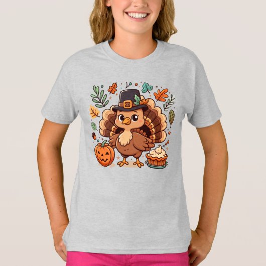 Schattigee Cartoon Thanksgiving kalkoen en pompoen T-shirt (Voorkant)