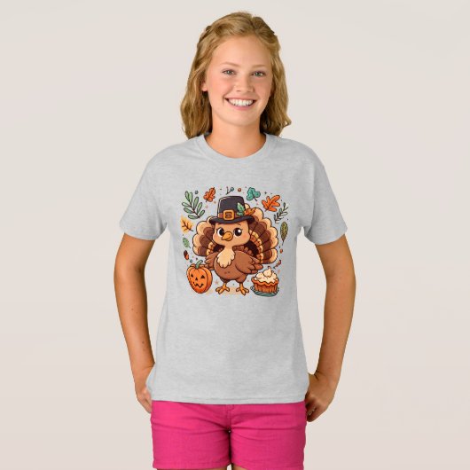 Schattigee Cartoon Thanksgiving kalkoen en pompoen T-shirt (Voorkant volledig)