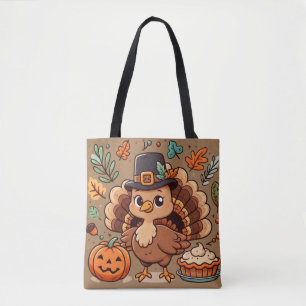 Schattigee Cartoon Thanksgiving kalkoen en pompoen Tote Bag