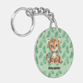 Schattigee Cartoon tijger op tropische bladeren Sleutelhanger (Voorkant Links)