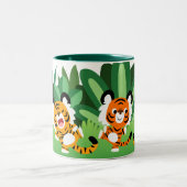 Schattigee Cartoon Tijgers Dansen in het Oerwoud M Tweekleurige Koffiemok (Center)