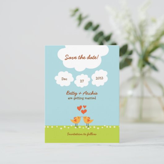 Schattigee Cartoon Tortelduifjes (Dag) Bruiloft Aankondigingskaart (Staand voorkant)