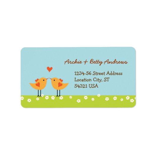 Schattigee Cartoon Tortelduifjes (Dag) Bruiloft Etiket (Voorkant)