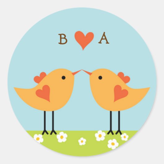 Schattigee Cartoon Tortelduifjes (Dag) Bruiloft Ronde Sticker (Voorkant)