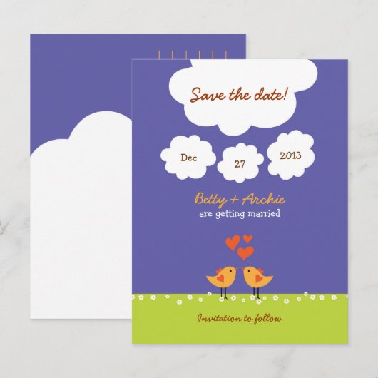 Schattigee Cartoon Tortelduifjes (nacht) bruiloft Aankondigingskaart (Voorkant / Achterkant)