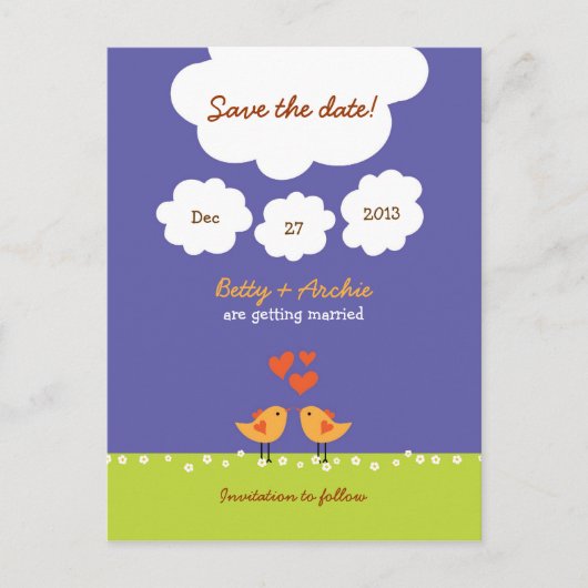 Schattigee Cartoon Tortelduifjes (nacht) bruiloft Aankondigingskaart (Voorkant)