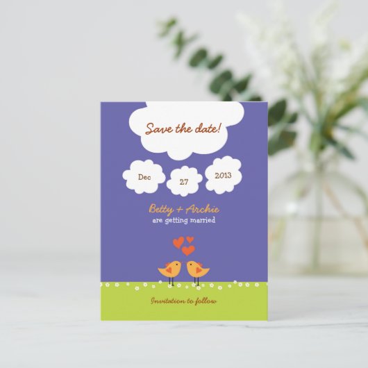 Schattigee Cartoon Tortelduifjes (nacht) bruiloft Aankondigingskaart (Staand voorkant)