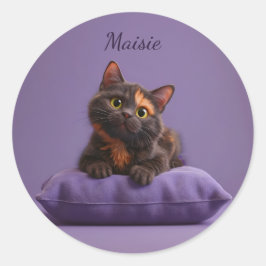 Schattigee Cartoon Tortoiseshell Kitten op Paarse  Ronde Sticker