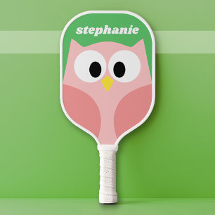 Schattigee Cartoon Uil - Koraal en Groen - Naam Pickleball Paddle