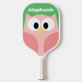 Schattigee Cartoon Uil - Koraal en Groen - Naam Pickleball Paddle (Voorkant)