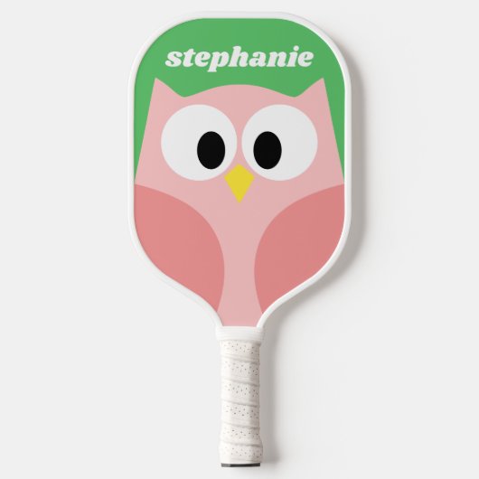 Schattigee Cartoon Uil - Koraal en Groen - Naam Pickleball Paddle (Voorkant)