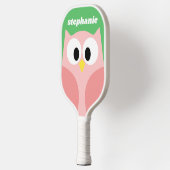 Schattigee Cartoon Uil - Koraal en Groen - Naam Pickleball Paddle (Links)