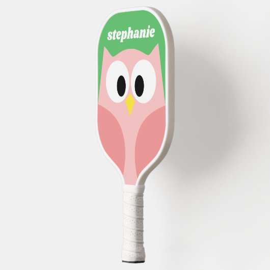 Schattigee Cartoon Uil - Koraal en Groen - Naam Pickleball Paddle (Links)