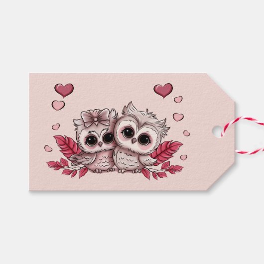 Schattigee Cartoon Uil Lovers Hearts Valentijn's D Cadeaulabel (Voorkant (Horizontaal))
