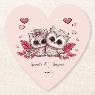 Schattigee Cartoon Uil Lovers Hearts Valentijn's D Kartonnen Onderzetters