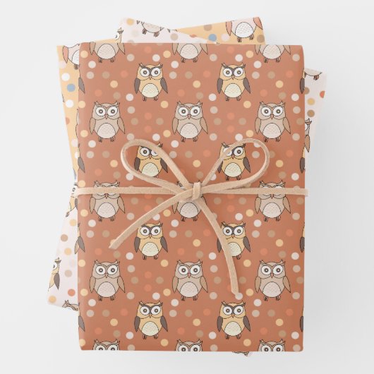 Schattigee Cartoon Uilen en Polkadots Pastel Patro Inpakpapier Vel (In situ)