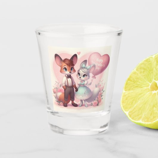 Schattigee cartoon vossen Valentijnsdag Shot Glas (Voorkant)