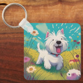 Schattigee cartoon Westie die door de bloemetjes l Sleutelhanger (Voorkant)