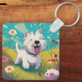Schattigee cartoon Westie die door de bloemetjes l Sleutelhanger (Achterkant)