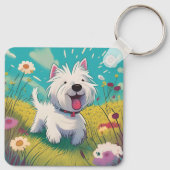 Schattigee cartoon Westie die door de bloemetjes l Sleutelhanger (Achterkant)