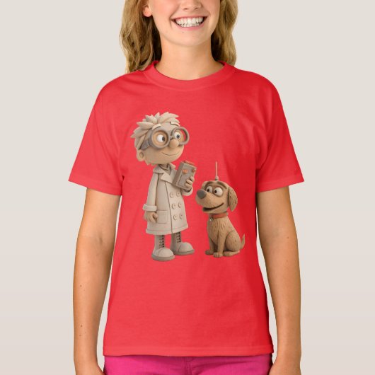 Schattigee Cartoon wetenschapper en hond - Geeky 3 T-shirt (Voorkant)