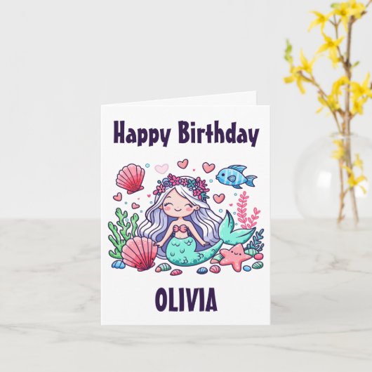Schattigee Cartoon Zeemeermin Gepersonaliseerde Ve Kaart (Gele Bloem)