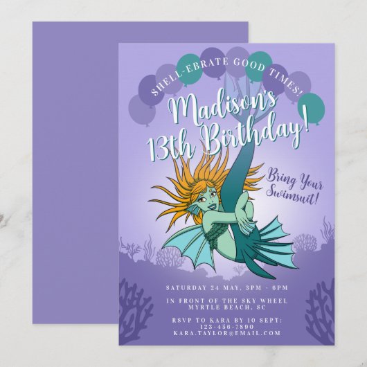 Schattigee Cartoon Zeemeermin Paarse 13e Verjaarda Kaart (Voorkant / Achterkant)